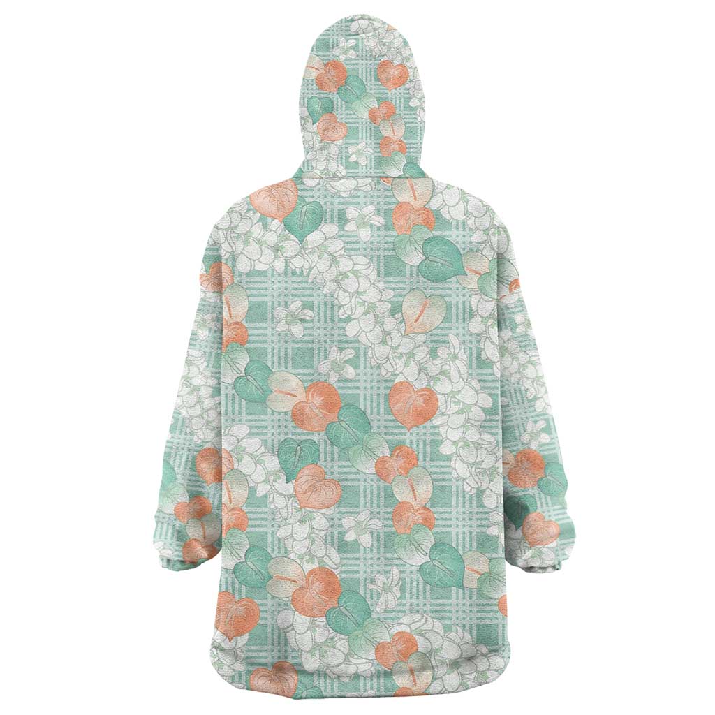 Anthurium Plumeria Lei Pastel Wearable Blanket Hoodie Teal Hawaiian Splendid Palaka LT01 - Polynesian Pride