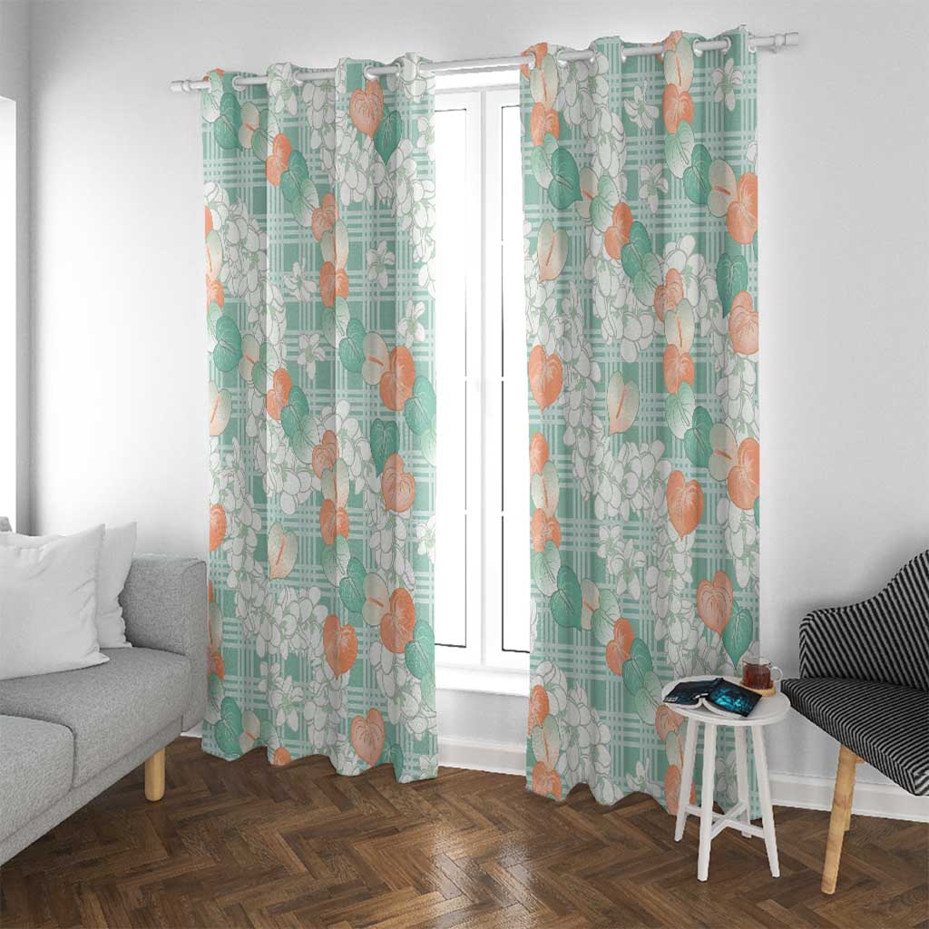 Anthurium Plumeria Lei Pastel Window Curtain Teal Hawaiian Splendid Palaka LT01 With Grommets Teal - Polynesian Pride