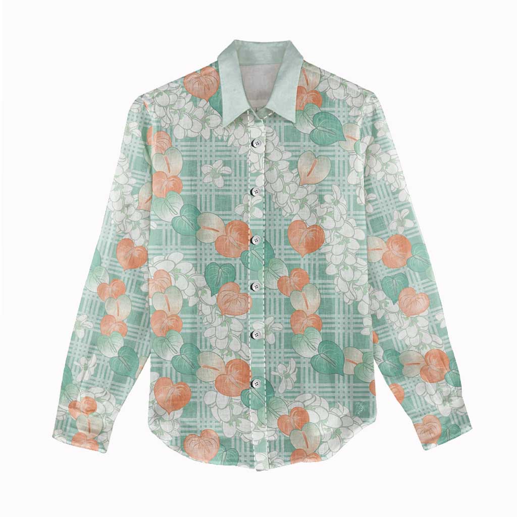 Anthurium Plumeria Lei Pastel Women Casual Shirt Teal Hawaiian Splendid Palaka LT01 - Polynesian Pride