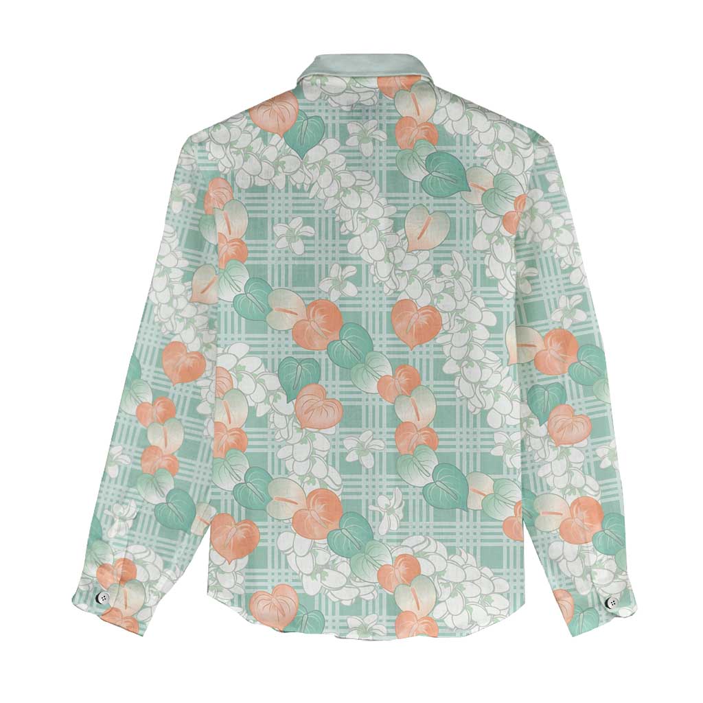 Anthurium Plumeria Lei Pastel Women Casual Shirt Teal Hawaiian Splendid Palaka LT01 - Polynesian Pride