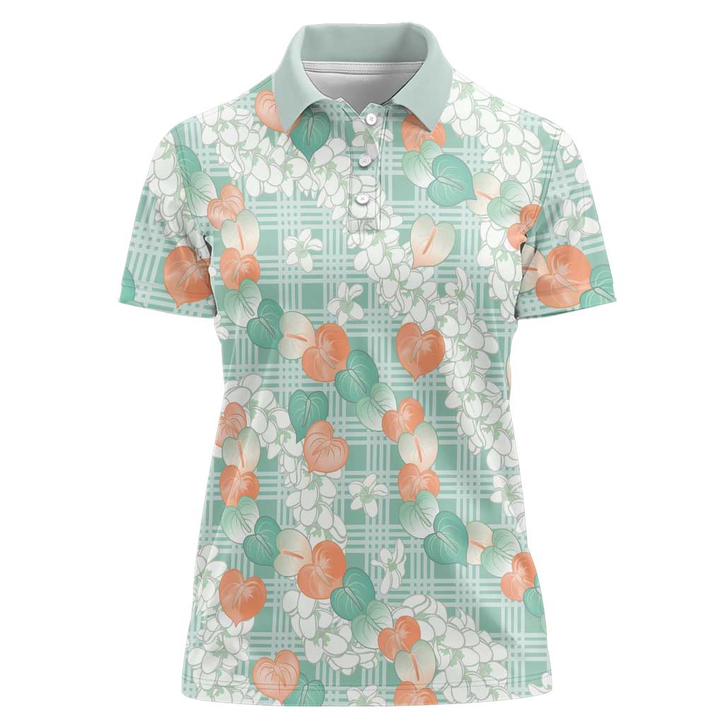 Anthurium Plumeria Lei Pastel Women Polo Shirt Teal Hawaiian Splendid Palaka