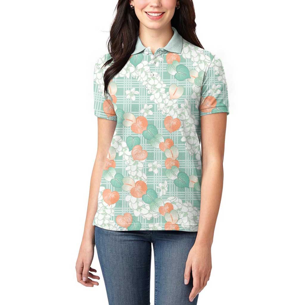 Anthurium Plumeria Lei Pastel Women Polo Shirt Teal Hawaiian Splendid Palaka LT01 - Polynesian Pride