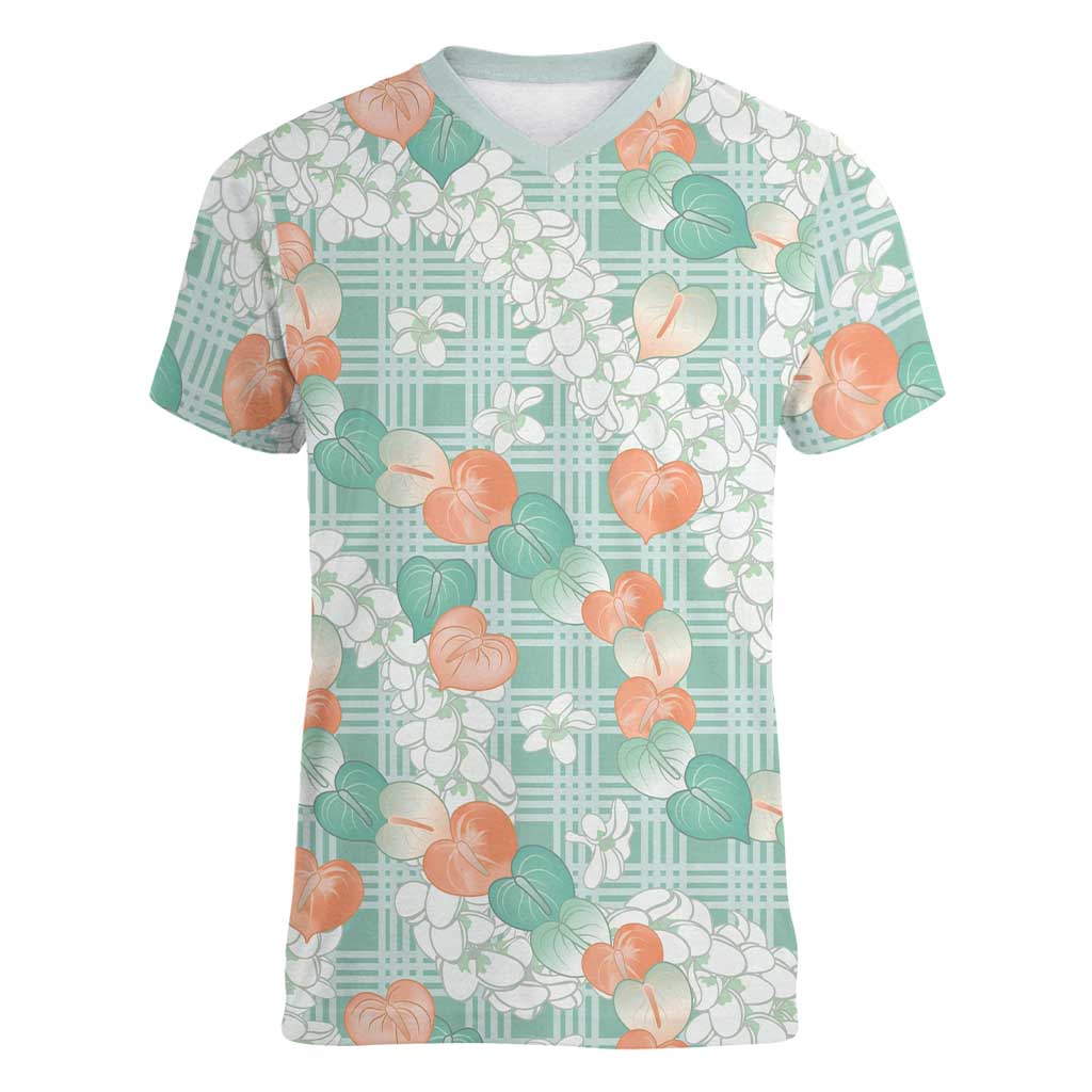 Anthurium Plumeria Lei Pastel Women V-Neck T-Shirt Teal Hawaiian Splendid Palaka