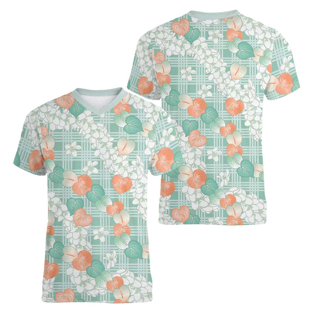 Anthurium Plumeria Lei Pastel Women V-Neck T-Shirt Teal Hawaiian Splendid Palaka