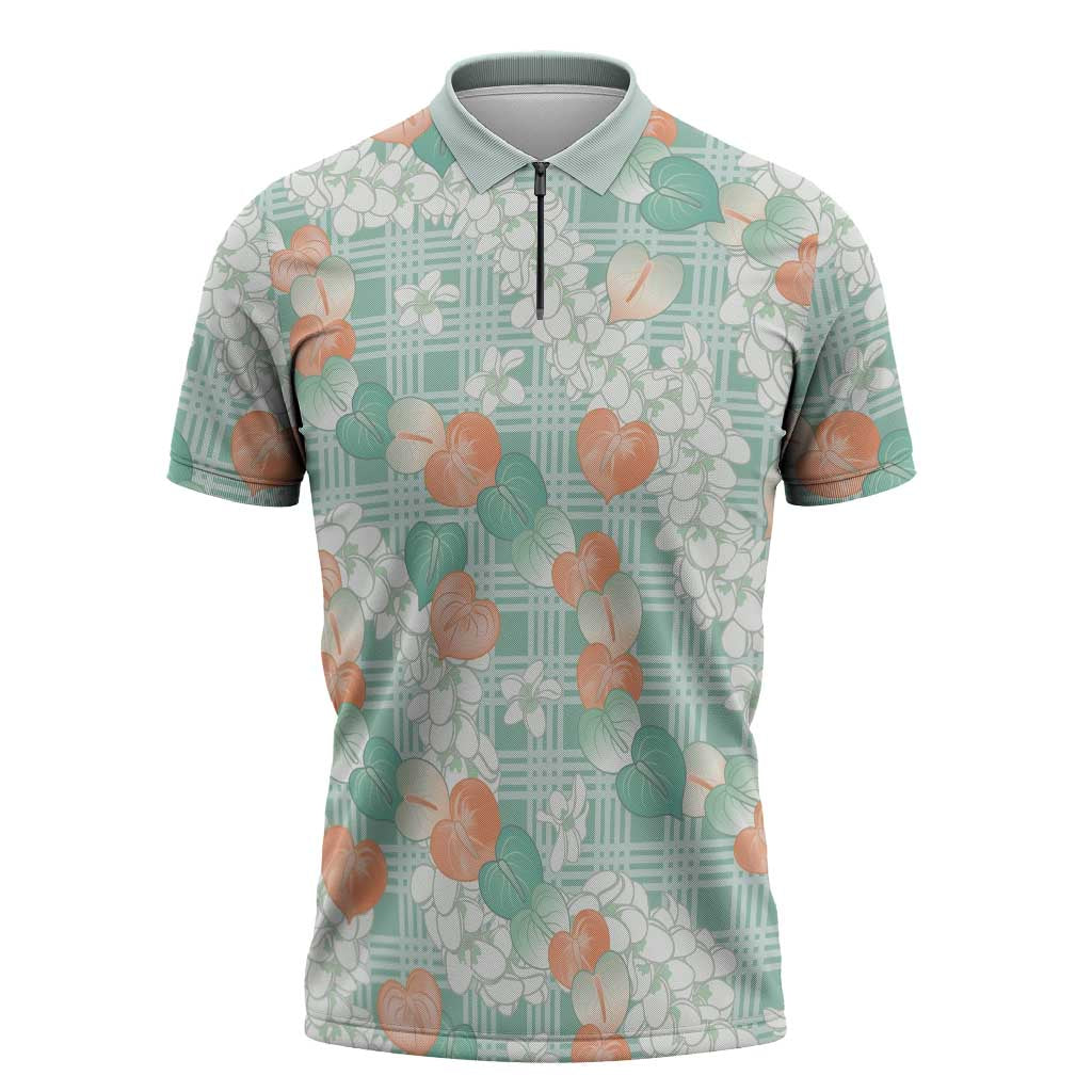 Anthurium Plumeria Lei Pastel Zipper Polo Shirt Teal Hawaiian Splendid Palaka LT01 Teal - Polynesian Pride