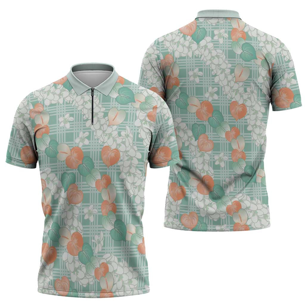 Anthurium Plumeria Lei Pastel Zipper Polo Shirt Teal Hawaiian Splendid Palaka LT01 - Polynesian Pride