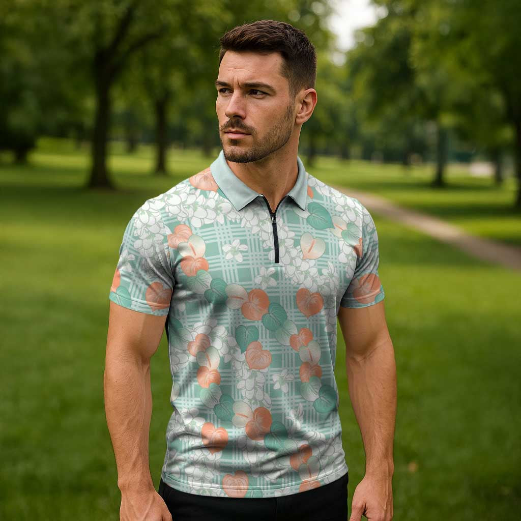 Anthurium Plumeria Lei Pastel Zipper Polo Shirt Teal Hawaiian Splendid Palaka LT01 - Polynesian Pride