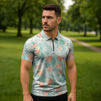 Anthurium Plumeria Lei Pastel Zipper Polo Shirt Teal Hawaiian Splendid Palaka LT01 - Polynesian Pride