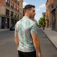 Anthurium Plumeria Lei Pastel Zipper Polo Shirt Teal Hawaiian Splendid Palaka LT01 - Polynesian Pride