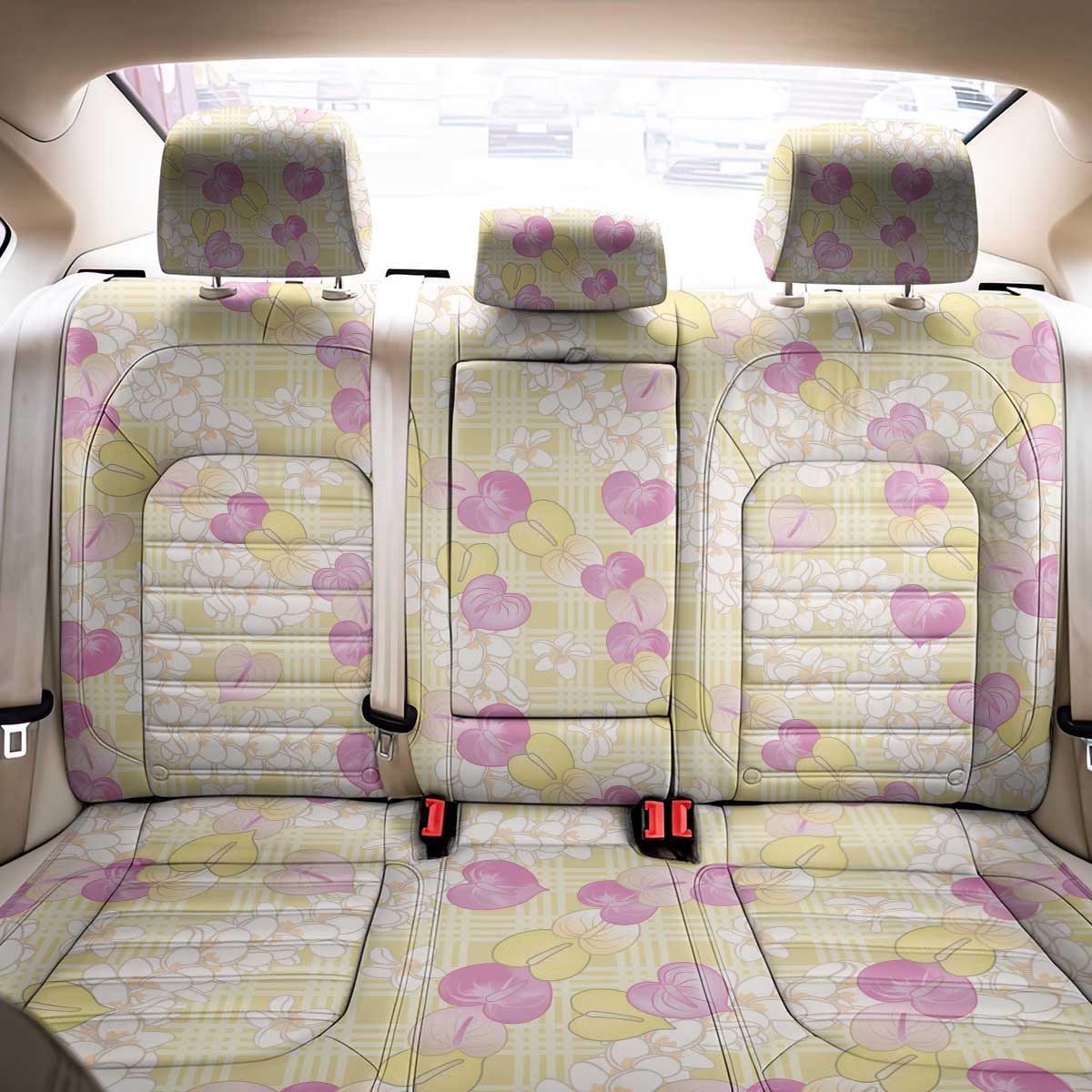 Anthurium Plumeria Lei Pastel Back Car Seat Cover Yellow Hawaiian Splendid Palaka LT01 - Polynesian Pride