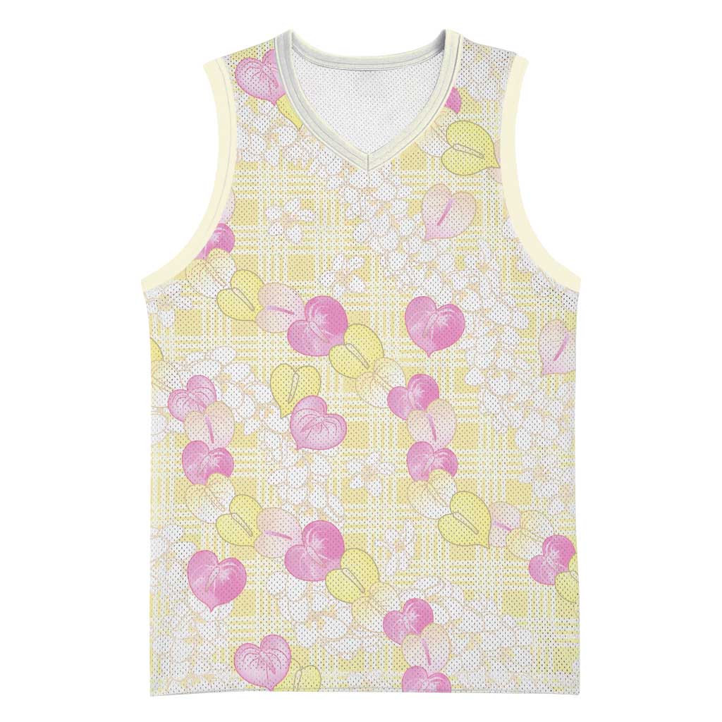 Anthurium Plumeria Lei Pastel Basketball Jersey Yellow Hawaiian Splendid Palaka LT01 Unisex Yellow - Polynesian Pride