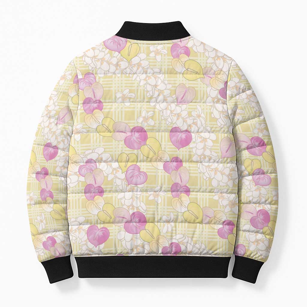 Anthurium Plumeria Lei Pastel Bomber Puffer Jacket Yellow Hawaiian Splendid Palaka LT01 - Polynesian Pride