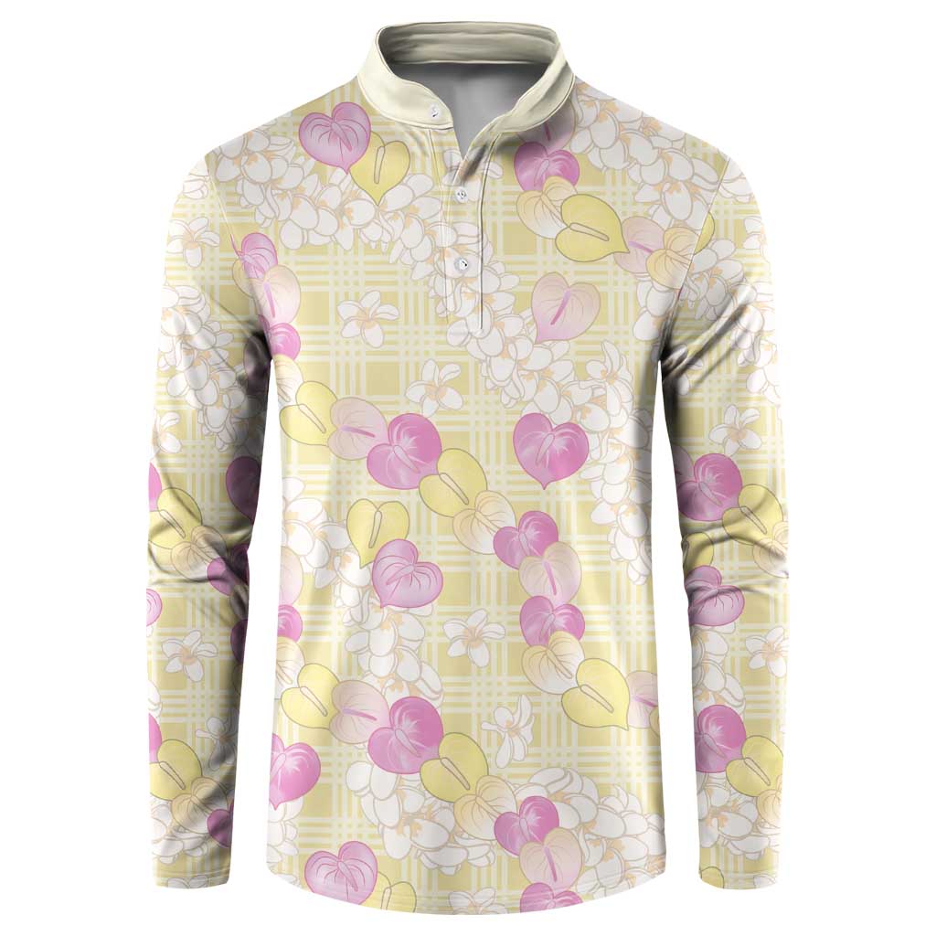 Anthurium Plumeria Lei Pastel Button Sweatshirt Yellow Hawaiian Splendid Palaka LT01 Yellow - Polynesian Pride
