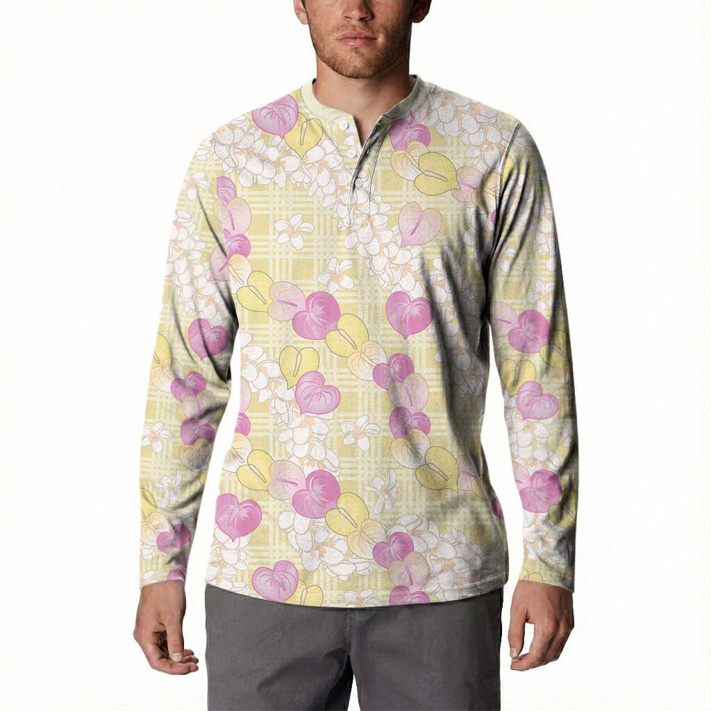 Anthurium Plumeria Lei Pastel Button Sweatshirt Yellow Hawaiian Splendid Palaka LT01 - Polynesian Pride