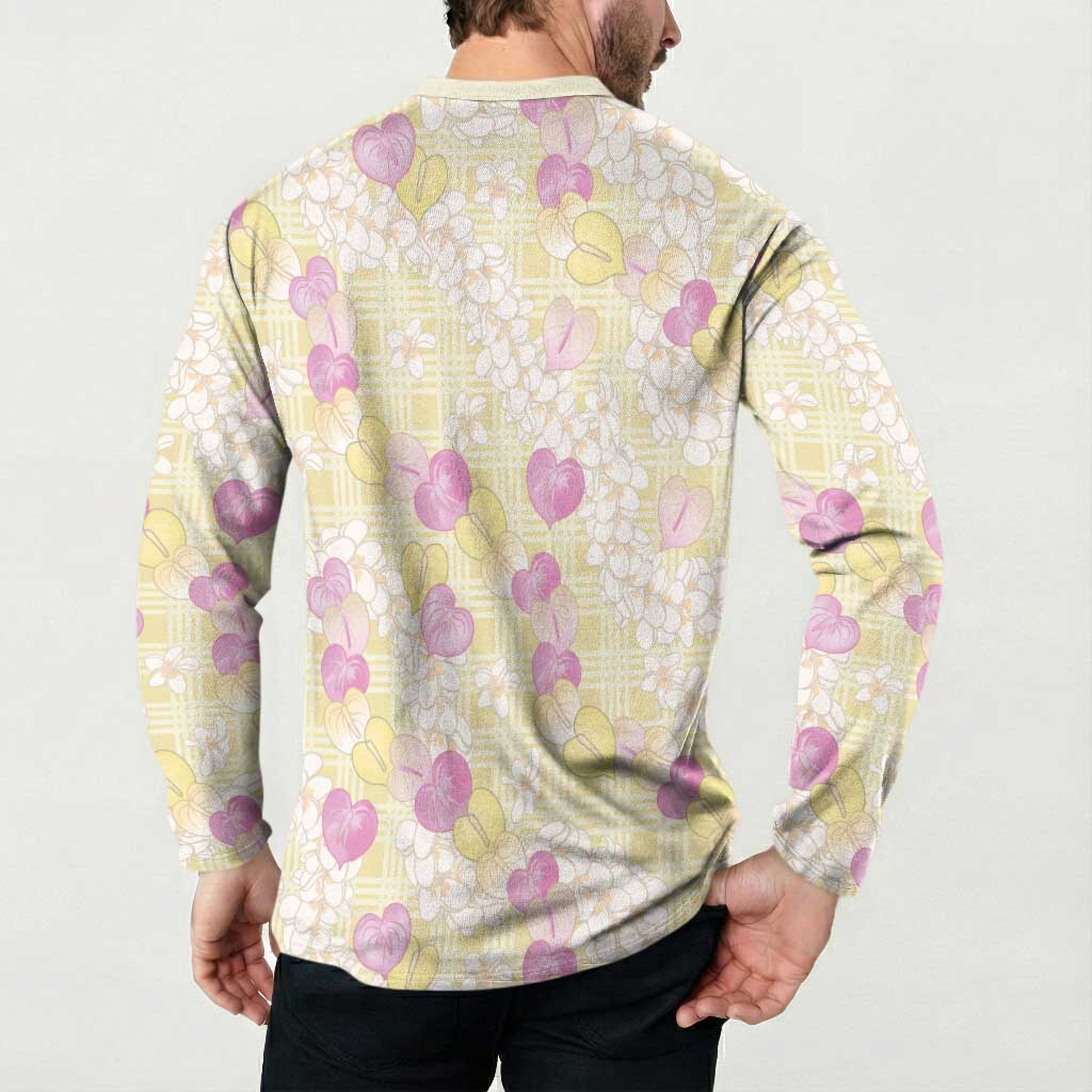 Anthurium Plumeria Lei Pastel Button Sweatshirt Yellow Hawaiian Splendid Palaka LT01 - Polynesian Pride