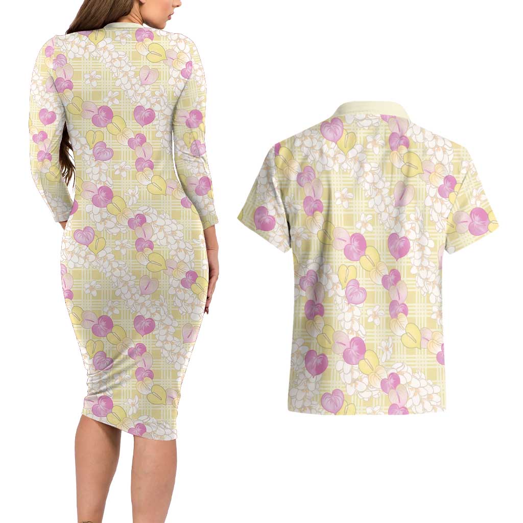 Anthurium Plumeria Lei Pastel Couples Matching Long Sleeve Bodycon Dress and Hawaiian Shirt Yellow Hawaiian Splendid Palaka