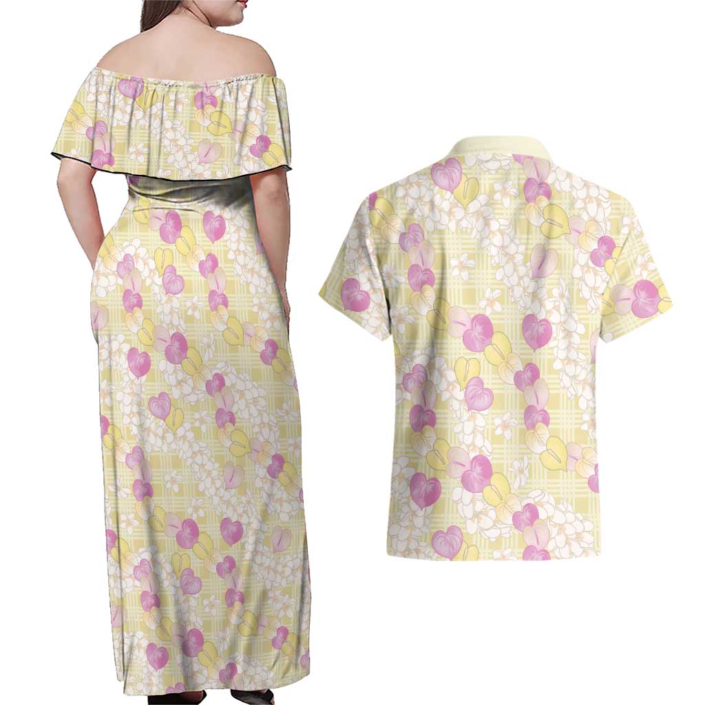 Anthurium Plumeria Lei Pastel Couples Matching Off Shoulder Maxi Dress and Hawaiian Shirt Yellow Hawaiian Splendid Palaka