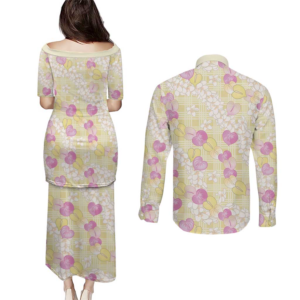Anthurium Plumeria Lei Pastel Couples Matching Puletasi and Long Sleeve Button Shirt Yellow Hawaiian Splendid Palaka LT01 - Polynesian Pride