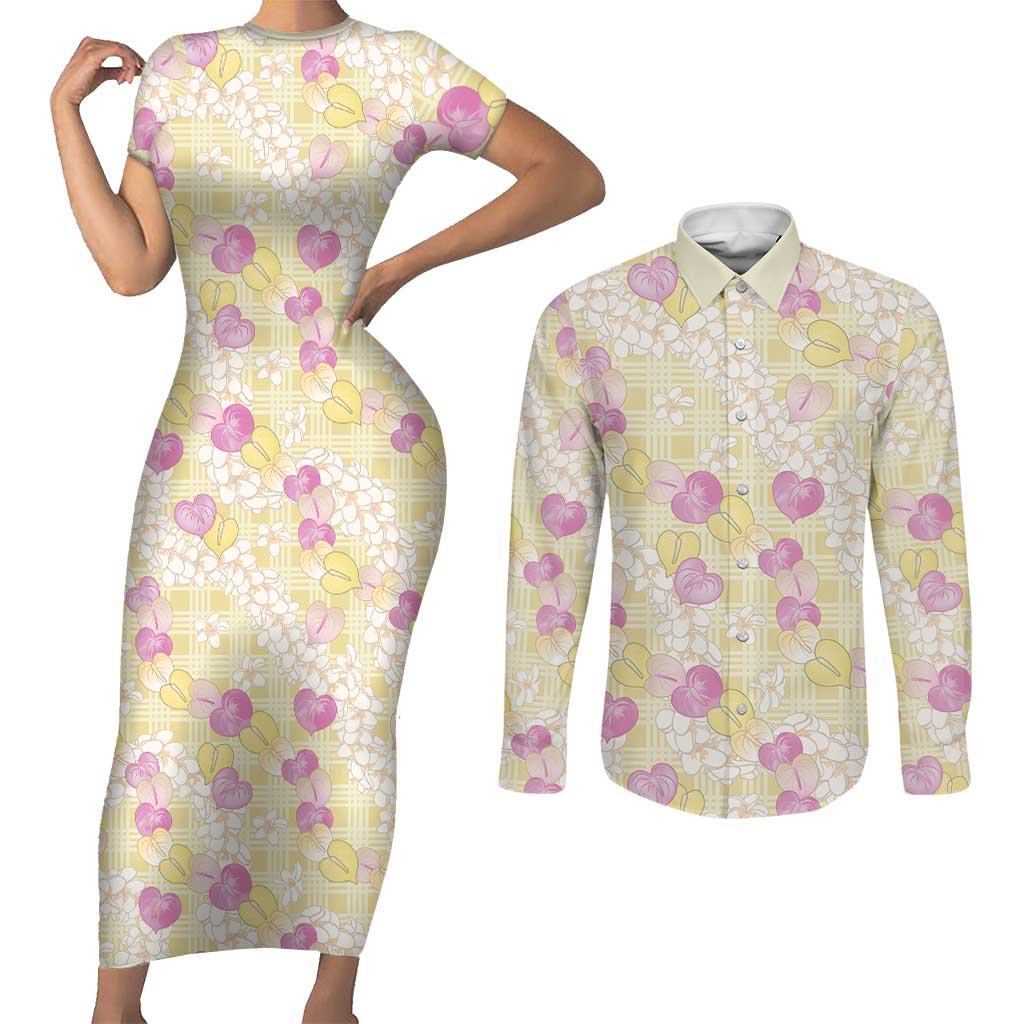Anthurium Plumeria Lei Pastel Couples Matching Short Sleeve Bodycon Dress and Long Sleeve Button Shirt Yellow Hawaiian Splendid Palaka