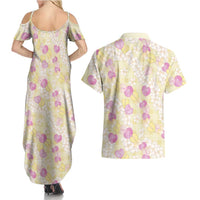 Anthurium Plumeria Lei Pastel Couples Matching Summer Maxi Dress and Hawaiian Shirt Yellow Hawaiian Splendid Palaka