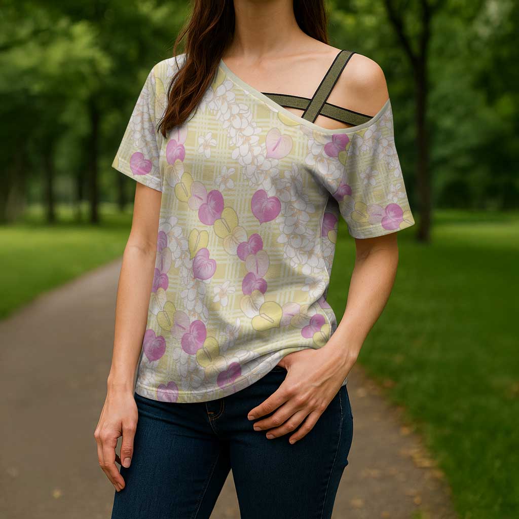 Anthurium Plumeria Lei Pastel Cross Shoulder Shirt Yellow Hawaiian Splendid Palaka LT01 - Polynesian Pride