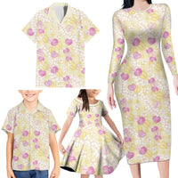 Anthurium Plumeria Lei Pastel Family Matching Long Sleeve Bodycon Dress and Hawaiian Shirt Yellow Hawaiian Splendid Palaka