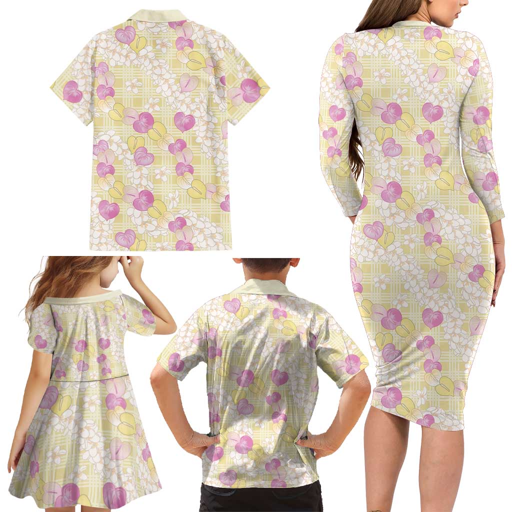Anthurium Plumeria Lei Pastel Family Matching Long Sleeve Bodycon Dress and Hawaiian Shirt Yellow Hawaiian Splendid Palaka