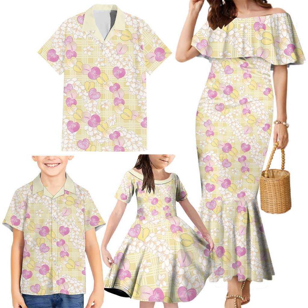 Anthurium Plumeria Lei Pastel Family Matching Mermaid Dress and Hawaiian Shirt Yellow Hawaiian Splendid Palaka