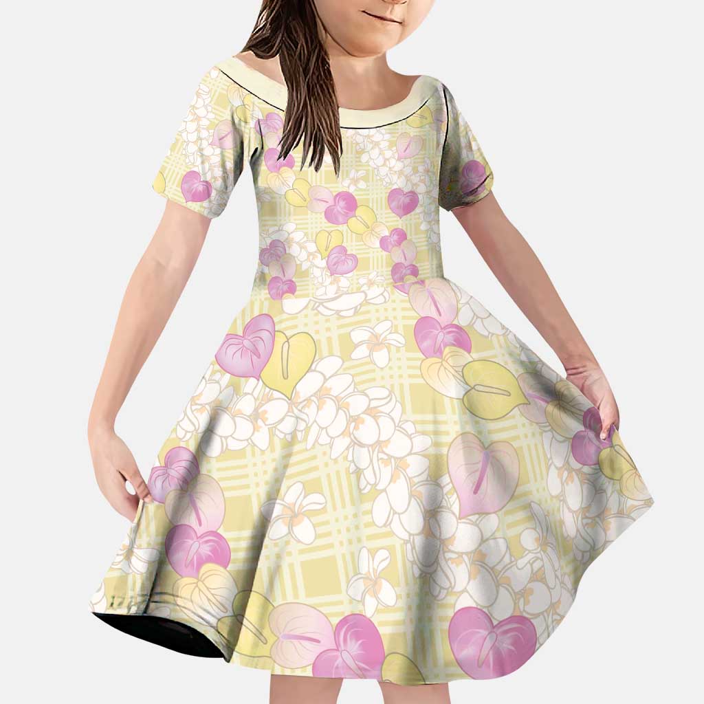 Anthurium Plumeria Lei Pastel Family Matching Off The Shoulder Long Sleeve Dress and Hawaiian Shirt Yellow Hawaiian Splendid Palaka