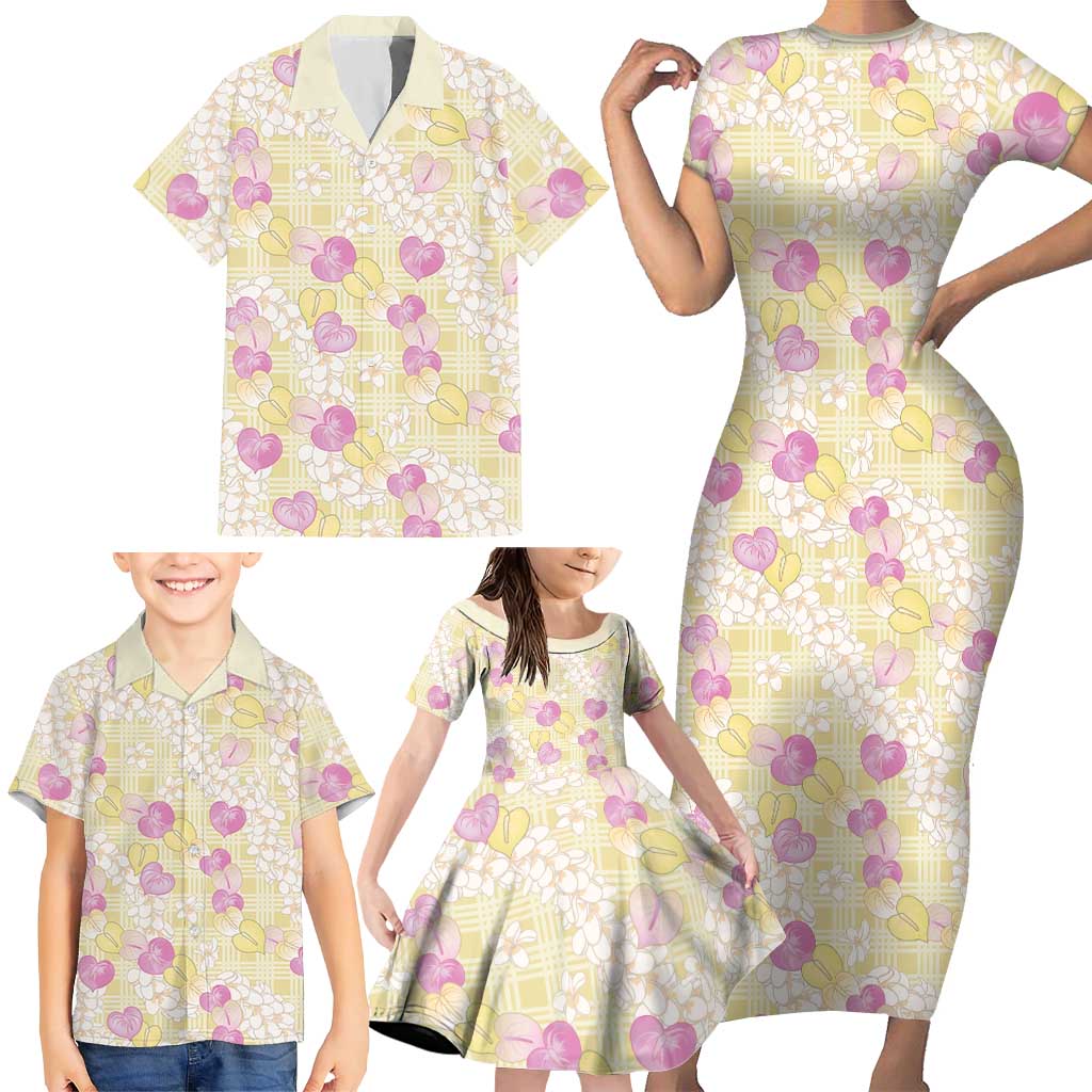Anthurium Plumeria Lei Pastel Family Matching Short Sleeve Bodycon Dress and Hawaiian Shirt Yellow Hawaiian Splendid Palaka