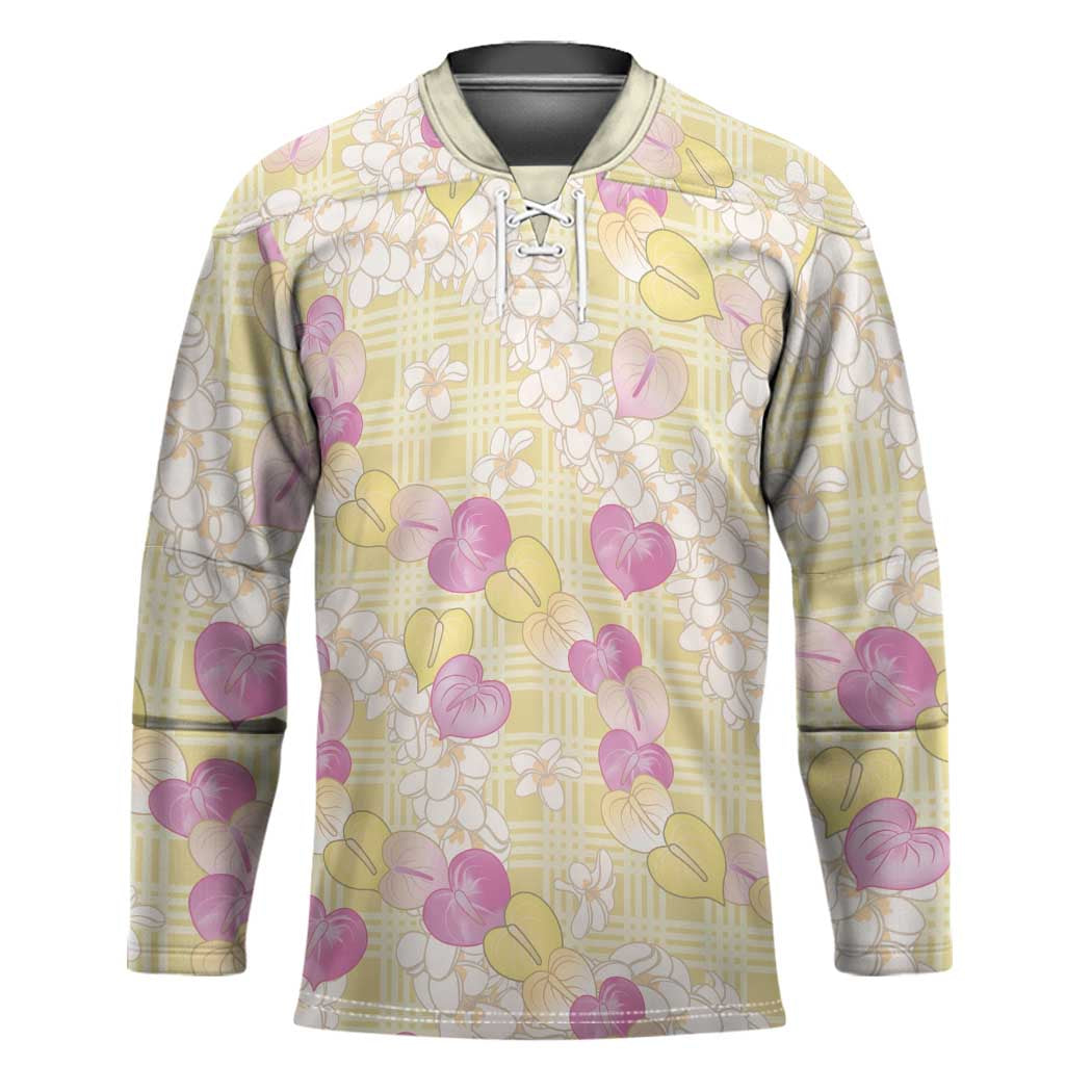 Anthurium Plumeria Lei Pastel Hockey Jersey Yellow Hawaiian Splendid Palaka LT01 Unisex Yellow - Polynesian Pride