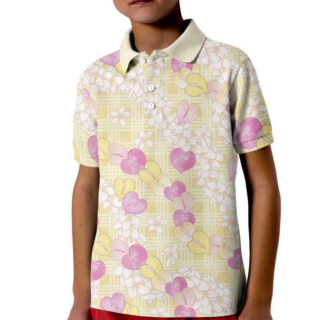 Anthurium Plumeria Lei Pastel Kid Polo Shirt Yellow Hawaiian Splendid Palaka LT01 Kid Yellow - Polynesian Pride