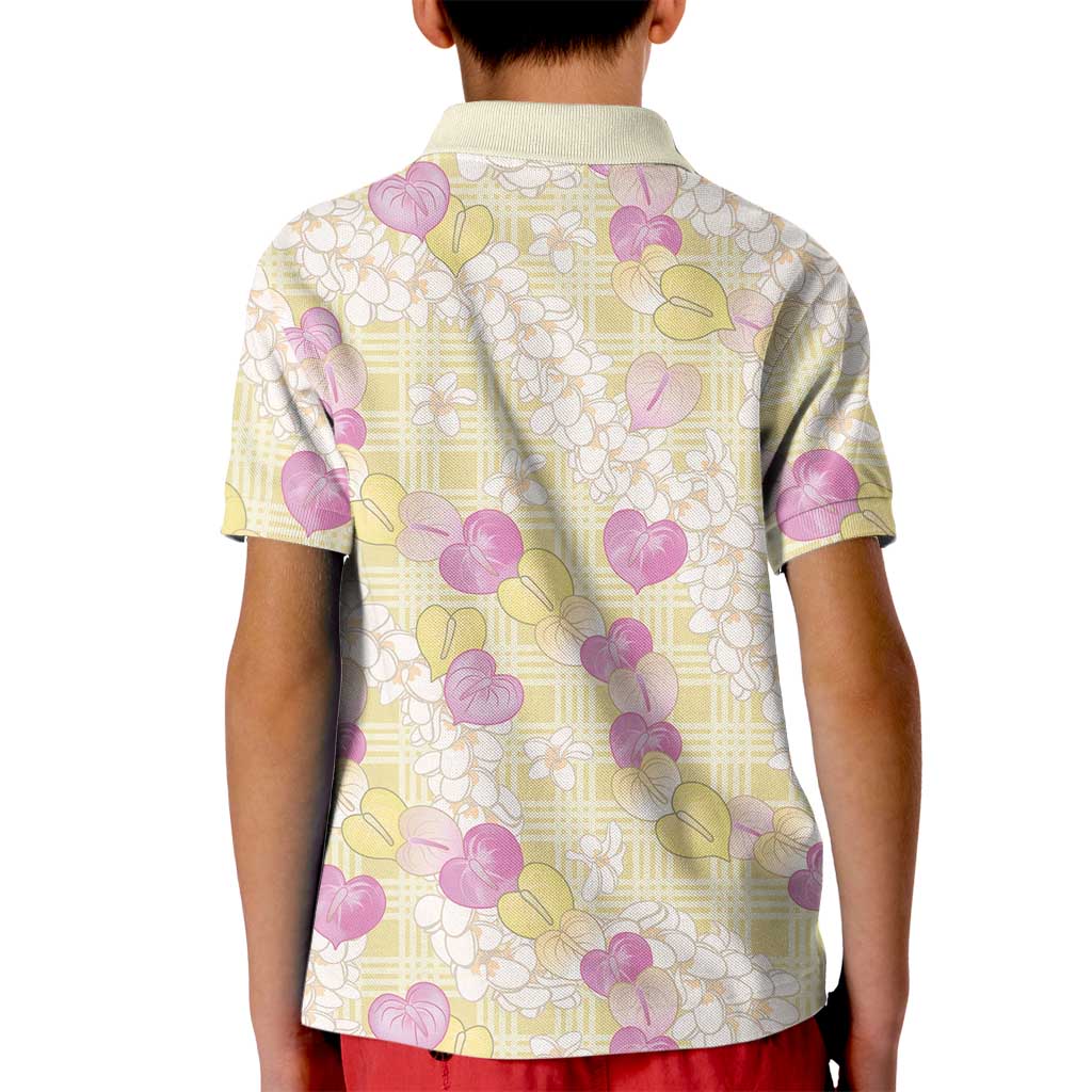 Anthurium Plumeria Lei Pastel Kid Polo Shirt Yellow Hawaiian Splendid Palaka LT01 - Polynesian Pride