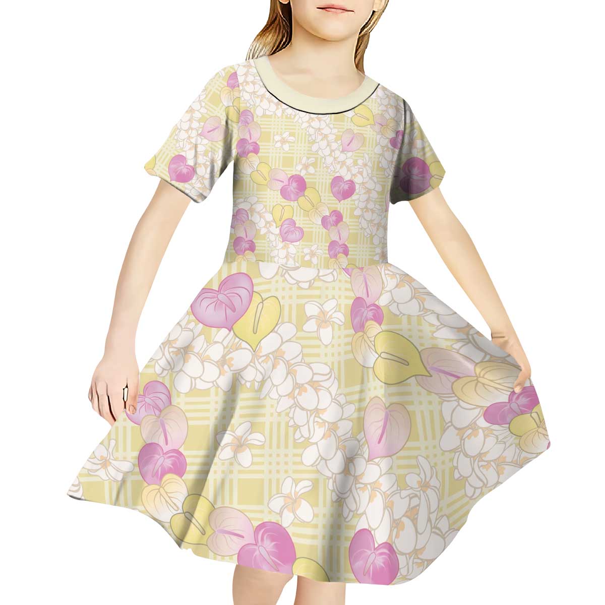 Anthurium Plumeria Lei Pastel Kid Short Sleeve Dress Yellow Hawaiian Splendid Palaka LT01 - Polynesian Pride