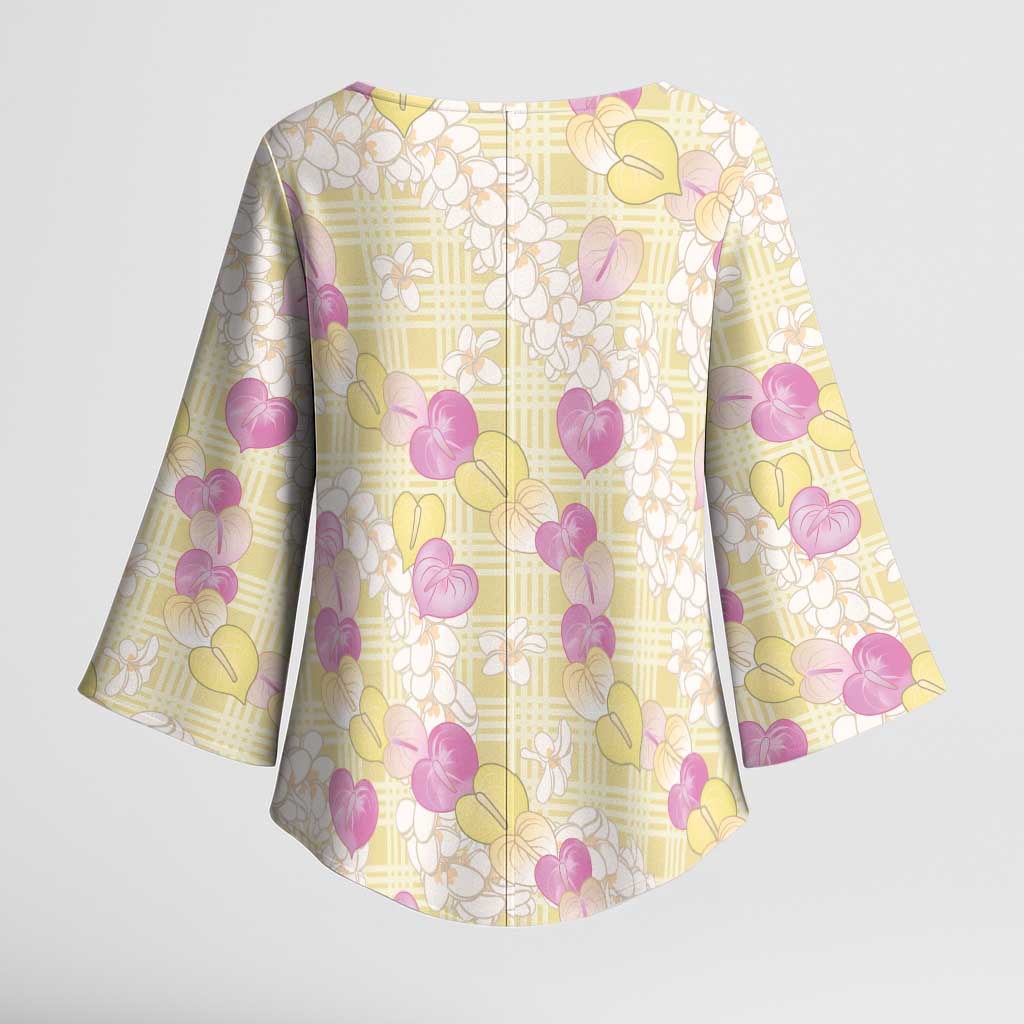 Anthurium Plumeria Lei Pastel Kimono Sleeve Blouse Yellow Hawaiian Splendid Palaka LT01 - Polynesian Pride