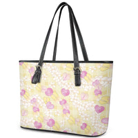 Anthurium Plumeria Lei Pastel Leather Tote Bag Yellow Hawaiian Splendid Palaka LT01 - Polynesian Pride