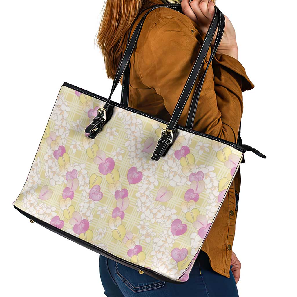 Anthurium Plumeria Lei Pastel Leather Tote Bag Yellow Hawaiian Splendid Palaka LT01 - Polynesian Pride