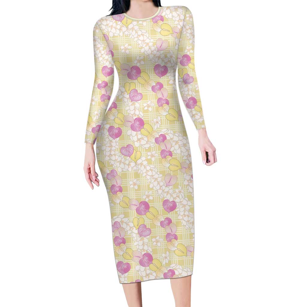 Anthurium Plumeria Lei Pastel Long Sleeve Bodycon Dress Yellow Hawaiian Splendid Palaka