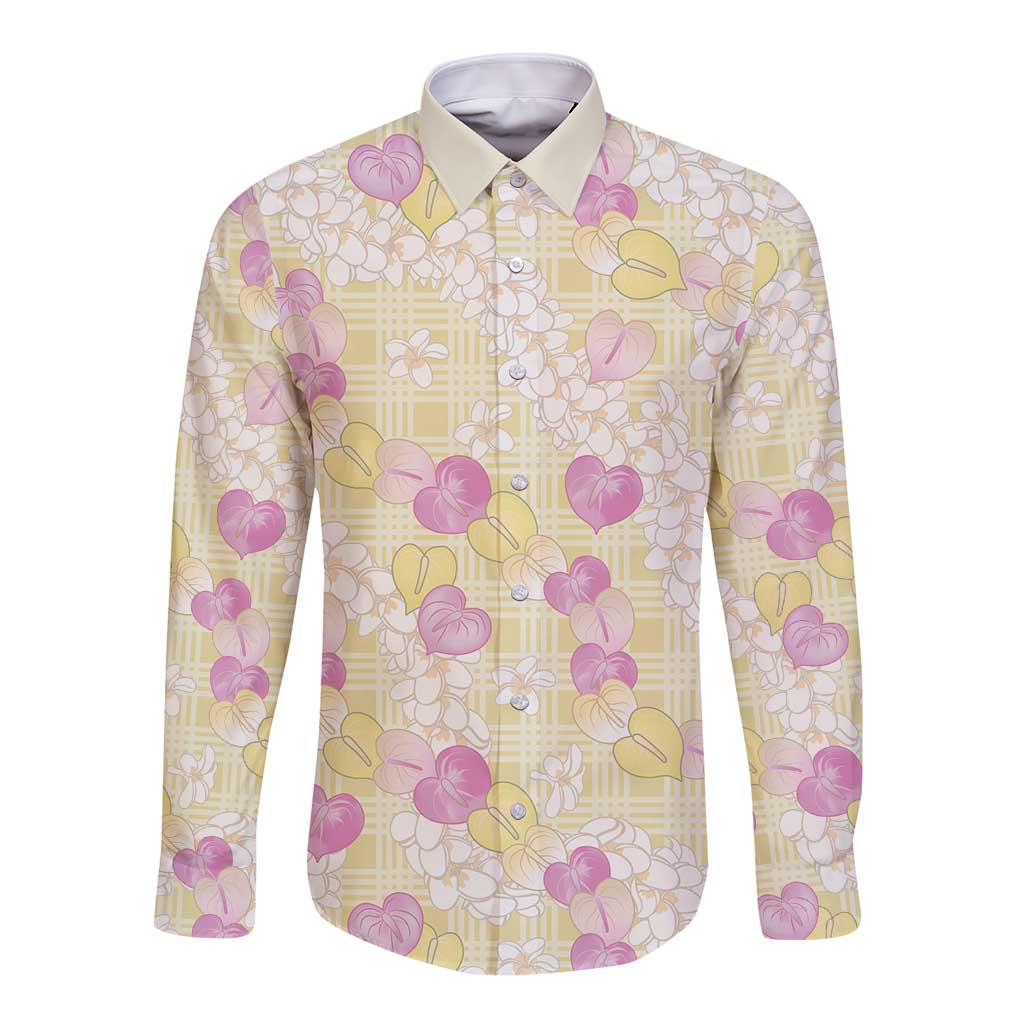 Anthurium Plumeria Lei Pastel Long Sleeve Button Shirt Yellow Hawaiian Splendid Palaka LT01 Unisex Yellow - Polynesian Pride