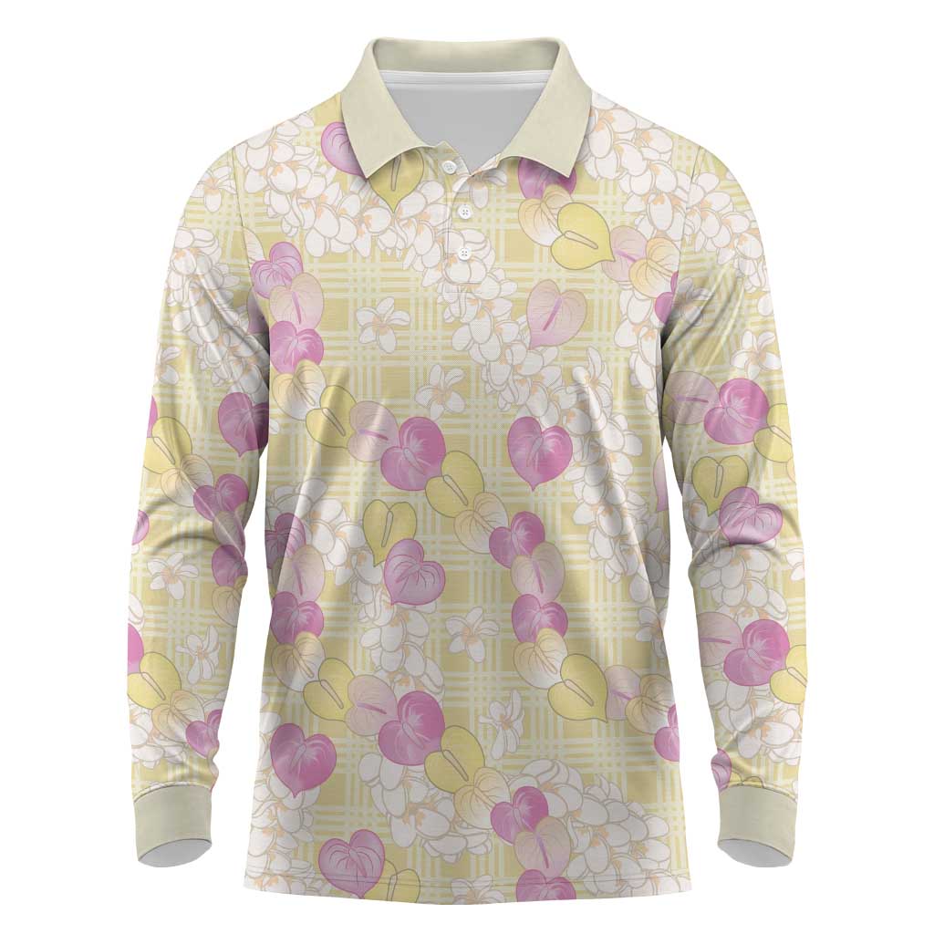 Anthurium Plumeria Lei Pastel Long Sleeve Polo Shirt Yellow Hawaiian Splendid Palaka