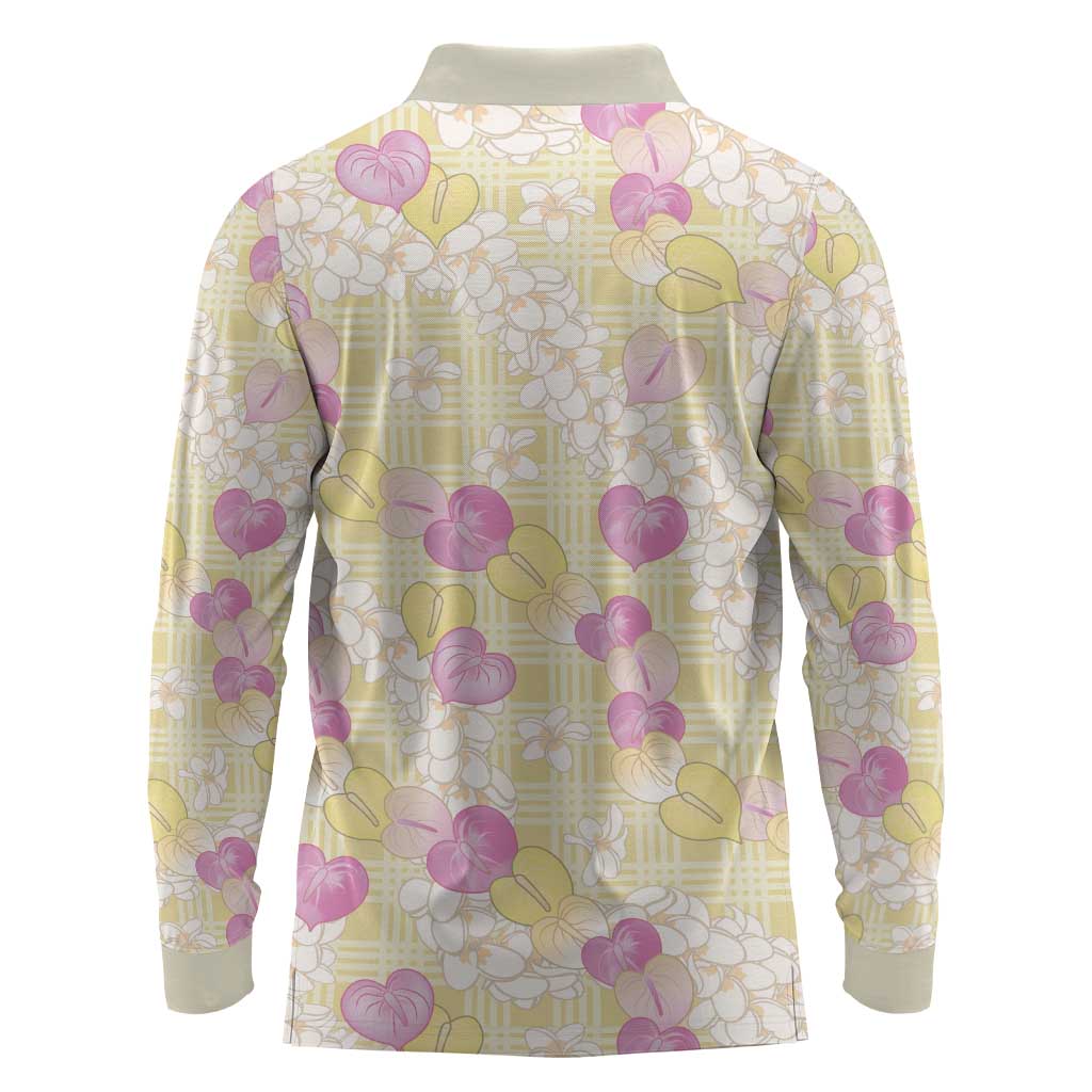 Anthurium Plumeria Lei Pastel Long Sleeve Polo Shirt Yellow Hawaiian Splendid Palaka LT01 - Polynesian Pride