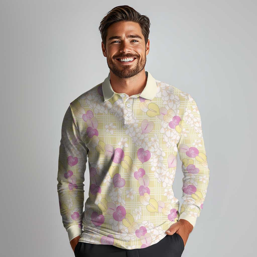 Anthurium Plumeria Lei Pastel Long Sleeve Polo Shirt Yellow Hawaiian Splendid Palaka LT01 - Polynesian Pride