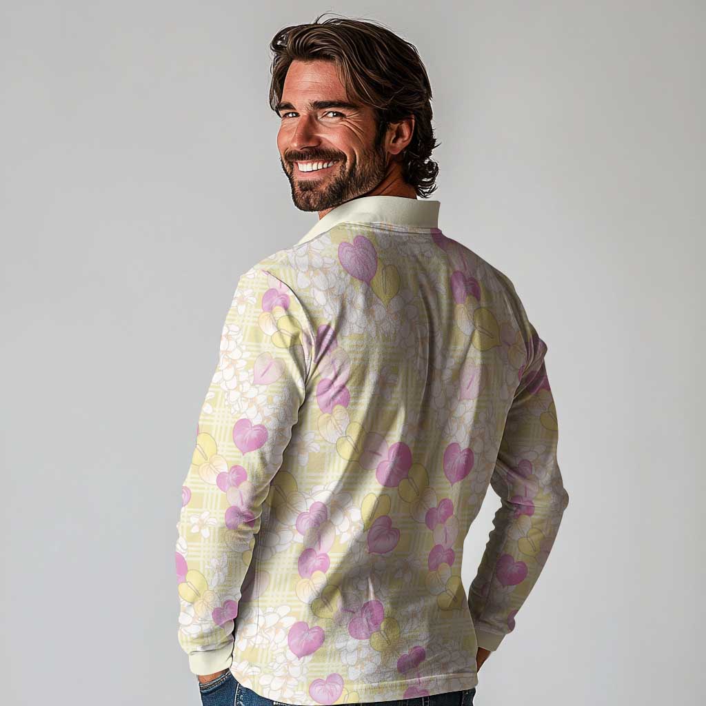 Anthurium Plumeria Lei Pastel Long Sleeve Polo Shirt Yellow Hawaiian Splendid Palaka LT01 - Polynesian Pride