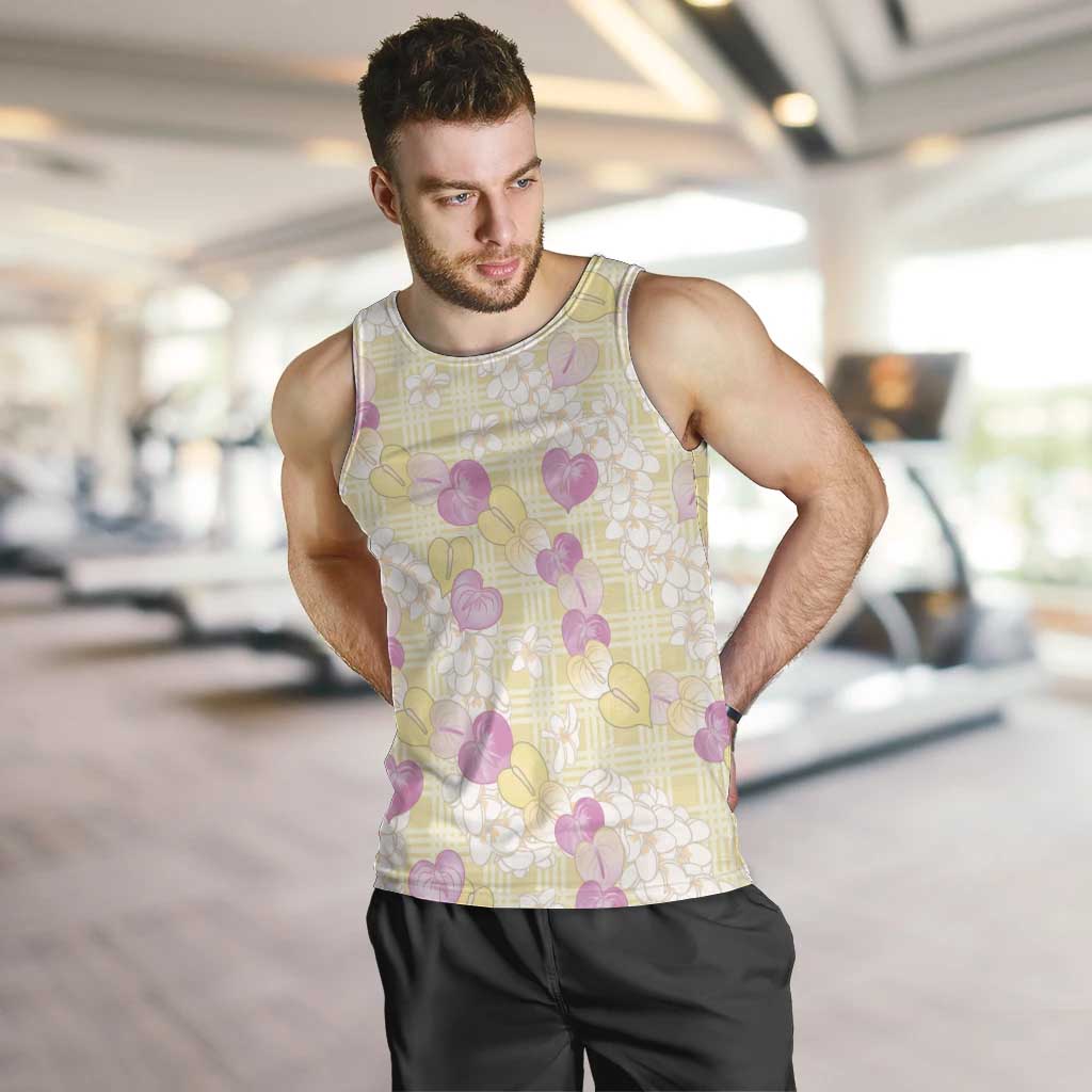Anthurium Plumeria Lei Pastel Men Tank Top Yellow Hawaiian Splendid Palaka