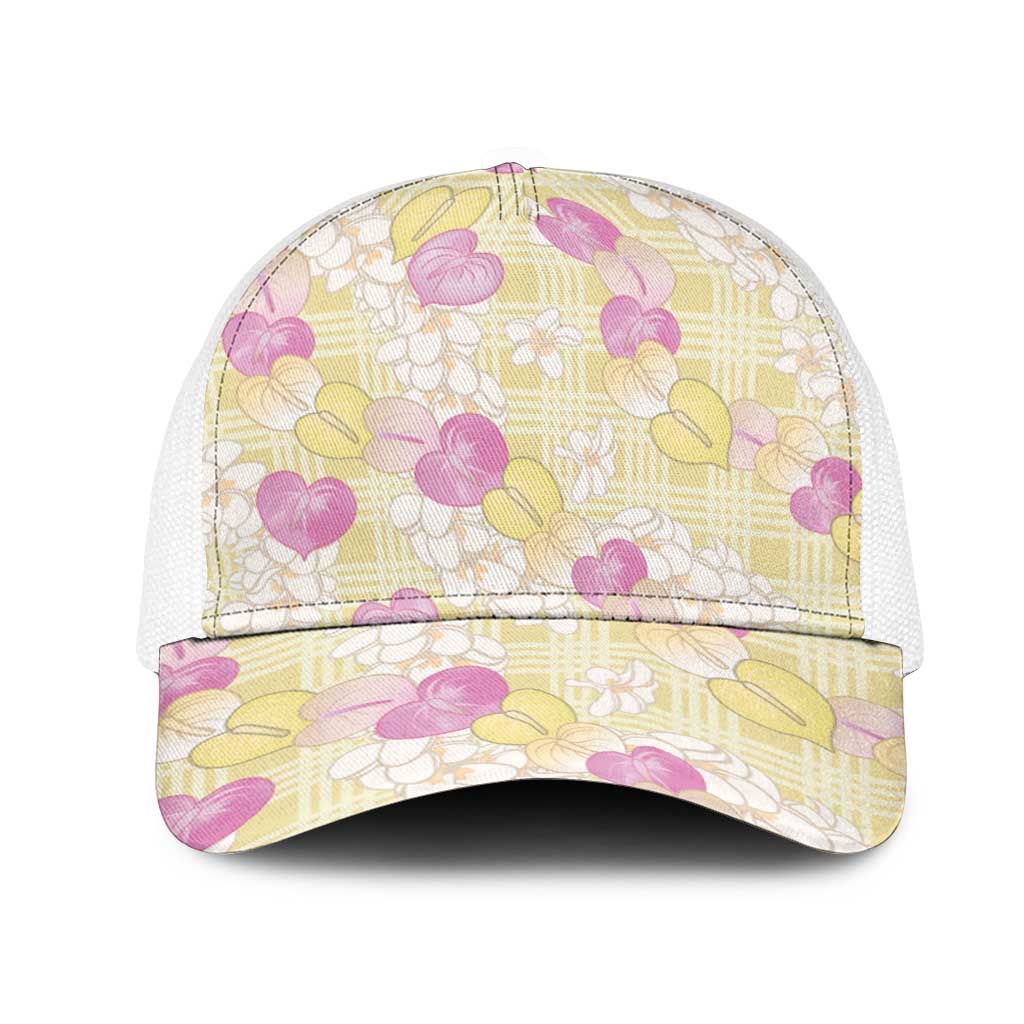 Anthurium Plumeria Lei Pastel Mesh Trucker Cap Yellow Hawaiian Splendid Palaka LT01 One Size White Yellow - Polynesian Pride