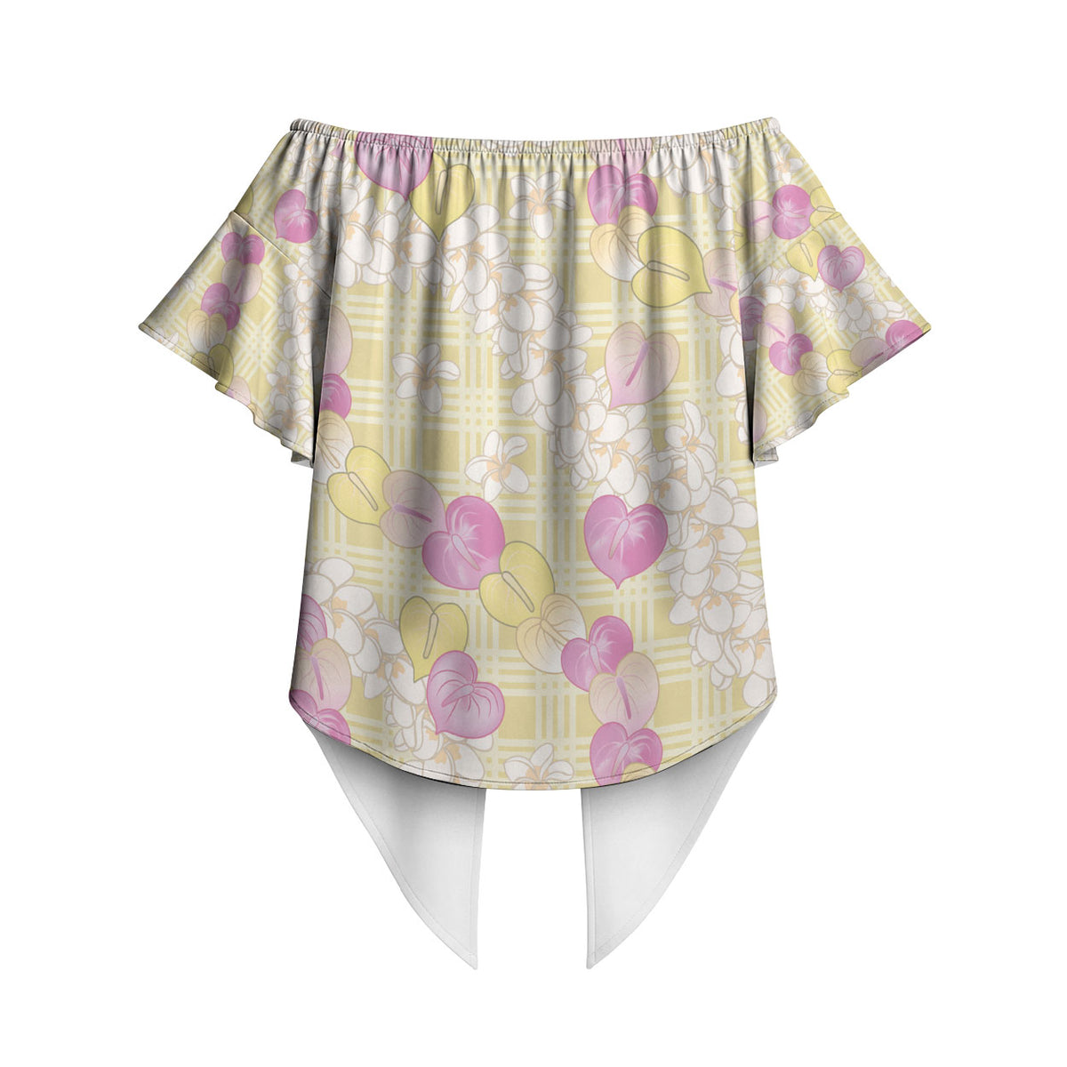 Anthurium Plumeria Lei Pastel Off Shoulder Wrap Waist Top Yellow Hawaiian Splendid Palaka LT01 - Polynesian Pride