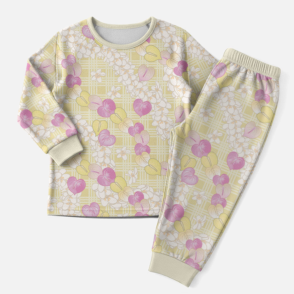 Anthurium Plumeria Lei Pastel Christmas Pajama Set Yellow Hawaiian Splendid Palaka LT01 Men Yellow - Polynesian Pride
