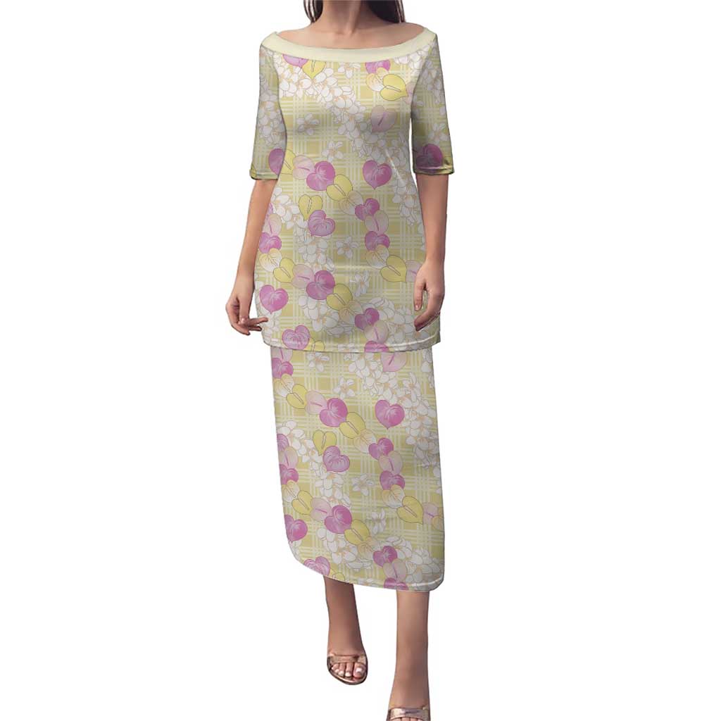 Anthurium Plumeria Lei Pastel Puletasi Yellow Hawaiian Splendid Palaka LT01 Long Dress Yellow - Polynesian Pride