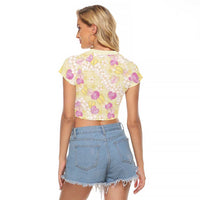 Anthurium Plumeria Lei Pastel Raglan Cropped T Shirt Yellow Hawaiian Splendid Palaka LT01 - Polynesian Pride