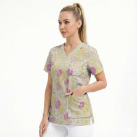 Anthurium Plumeria Lei Pastel Scrub Top Yellow Hawaiian Splendid Palaka LT01 - Polynesian Pride